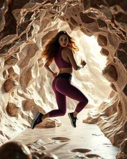 make a picture pretty cave made of crystal and metallic 3d fractal recursive cubic and sphere base structures and a beautiful fashion model lady with cute,curvy long hair,makeup, in pretty sports suit is running inside cave ,dynamic camera fallow her inside cave capturing full body, dynamic lights.