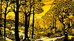 A yellow forest in a realm of light designed in Lascaux cave paintings painted by Roy Lichtenstein