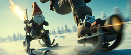 close up on gnome hit man with rocket boots in suit on a mech sled in winter wasteland, style of fallout 4, high speed with motion blur, on elevated road