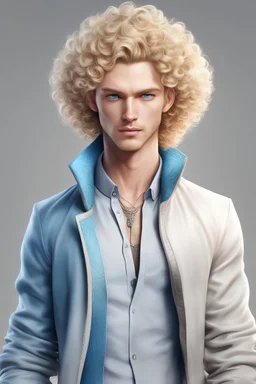 Character, colored, cool clothes, white skin blue eyes. Man. Blonde hair curly. Full body