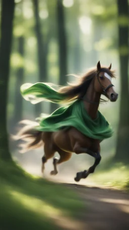 motion blur fast running caped long haired pixie Quickling - Forgotten Realms along winding branches in lush green forest along speeding horses , bokeh like f/0.8, tilt-shift lens 8k, high detail, smooth render, down-light, unreal engine, prize winning