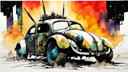 create an abstract, ink wash and watercolor print of a powerful, stripped down, armored, post apocalyptic Volkwagen beetle hot rod with highly detailed features, lost in a horrific industrial wasteland, in the comic book art style of Bill Sienkiewicz, Mike Mignola, and Jean Giraud Moebius , searing lines , forceful strokes, precisely drawn, inked, and colored