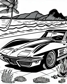 black and white coloring page for kids cartoon style of 1963 corvette convertible set back in front of ocean, center to frame