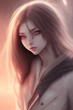 Realistic misterious Anime girl close and personal in stormy background