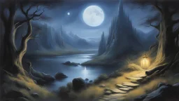 Style John Howe, calm beauty, night, moonlight, fantasy world, magic, Tolkien, beautiful composition, exquisite detail, realistic, fascinating, Middle Earth, hobbits