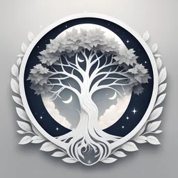 a large white tree, half moon in the sky, fantasy logo, icon, surrounded frame of leaves