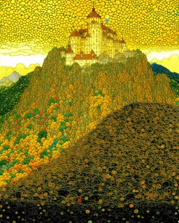 A yellow mountain with a castle in a thunderstorm designed in German folk art painted by Gustav Klimt