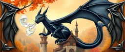 portrait of a shiny black dragon squirrel in autumn, flying above wooden castle, breathing smoke, book cover illustration, with metallic wing border on left and right of frame