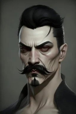 short wirey lean muscular trimmed goatee moustache sterm serious short black hair pale skin ghoul