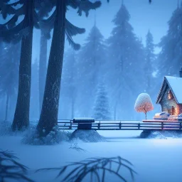 Forest ice winter, bridge birds,live house, deer, unreal engine 5, octane render