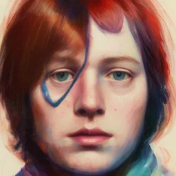 Photo of Greg Lake Epitaph , beautiful face, multi-hued red hair; in the style of martine johanna, draped in flowing fabric, ignore nsfw, colorful energetic brush strokes, realistic, sharp focus, 8k high definition, insanely detailed, intricate, elegant, art by martine johanna and artgerm