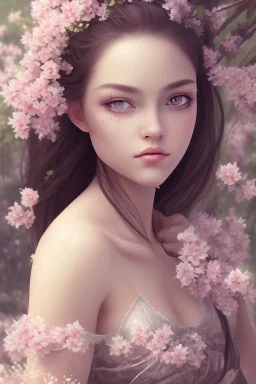 Beautiful Girl in the garden, 18 century, brunette, literally dark hair, dark eyes, fat, smell of sakura, rest, detailed face