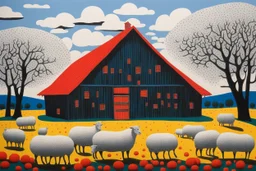 old barn in Style: Yayoi Kusama artist. landscape, pastoral, sheep