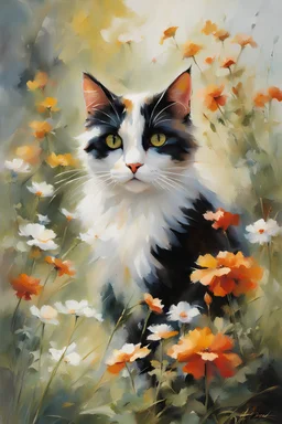 Willem Haenraets style painting, close up portrait of a Calico cat, in the Garden, painted by Willem Haenraets