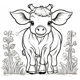 b/w outline art for kids coloring book page, cute Farm animals for kids age 2-7 themed, coloring pages, Cow, full white, kids style, white background, whole body, Sketch style, full body (((((white background))))), only use outline., cartoon style, line art, coloring book, clean line art, Sketch style, line-art