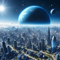 в голубом небе над городом осколки планеты 4k realistic photo