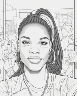 coloring page for teens, simple outlines art, illustration, outline drawing, bold outlines, clean and clear outlines, no tones color, no color, no detailed art, art full view, wide angle, white background, Serena Williams