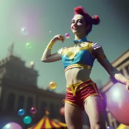 Ultra realistic circus scene. Classic acrobat woman, waist up view, Wes Anderson style, happy, bubbles, highly detailed, concept art, unreal engine 5, god rays, ray tracing, RTX, lumen lighting, ultra detail, volumetric lighting, 3d, finely drawn, high definition, high resolution.