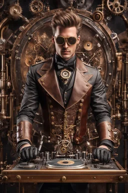 Front view Photography Realistic HD Natural Beauty Steampunk classic full mechanical man as dj player