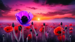 black poppy seed , purple poppy flower in the bloody sunset, on alien land, weird, surreal, complementer colors, fog, shadows, dead world, high detailed, far above on the dark sky is nebula