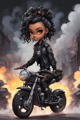 Create a urban art illustration of a chibi cartoon full figure black female riding a sports motorcycle. She is wearing tie dye and black tights with biker boots. Prominent make up with log lashes and hazel eyes. Extremely highly detailed black shiny wavy hair up in a messy bun. Background of smoke surrounding her and the bike and she's at a bike show.