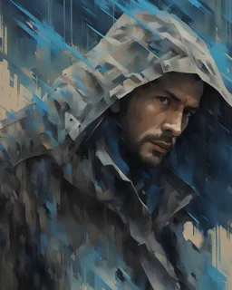a photo and/or painting of a man in a trench coat alarmed with kusari-gama, artgram, cobalt blue, cyan, beige and grey color scheme, reduce character duplication, epic, detailed color scan, glitch pattern visual noise, tint leak