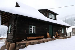 Snowy cabin in the mountains with a scary atmosphere and deers around thew cabin