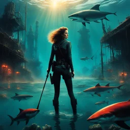 Hellen Ripley, a fishing rod in hand, stands in murky waters of a post-apocalyptic underwater city. surreal scene , dreamlike, metropolis submerged in chaos , blood and danger. in the sunsets she stands with a fierce sense of power, surrounded by circling sharks. The sharks' teeth moving in the light, add to the tension. weirder the better. Bigger monsters. Stronger hero