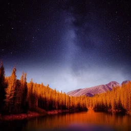 forest at night, river, mountain, night sky, landscape, detailed, 3d, photo