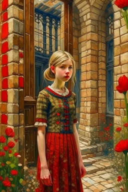 A beautiful girl standing in classic old building with bricks stones texture with a balcony filled with red poppies growing out of it , oil colors drawing with Van Gogh painting style
