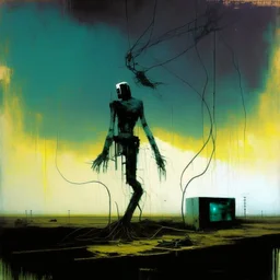 Dystopian future body with a twisted body falling from sky with retro monitor head and handing wires. In desolate landscape low horizonline at night. With a concrete decaying blocks. Abstract oil painting in style of Justin Mortimer and Phil Hale