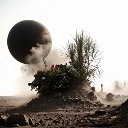 A striking quality photograph captures a wasteland with plants, creepy, details of the dust very accentuated, glossy organic mass, adorned with minerals and rocks. Bathed in intense light, eerie, Max Ernst and Yves Tanguy style, black sun, fog, volumetric light, octane render