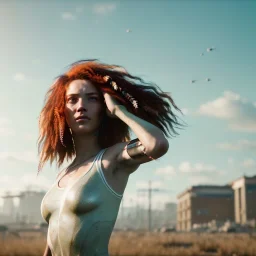 A beautiful portrait of a cyberpunk woman with lot's of grain on her skin red head with natural curly hair flying in the wind cyborg smiling facing camera orange color scheme, high key lighting, volumetric light high details with white stripes and feathers unreal 5, octane render, cinema4d, dynamic lighting, dramatic lighting, 4k, redshift render, highly detailed, hyper realistic