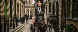 full-height portrait of a woman with straight shoulder-length black hair, with metal arms and legs, dressed in leather trousers, and a waistcoat, in a Victorian street next to a steampunk bike