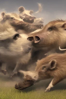 Animation image of warthogs running wild laughing, 8k high quality real life animation