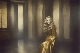 Actress Veronica Lake, without a face, , hippie girl, gold paint,, in a liminal empty room, old autochrome