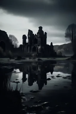 /imagine prompt: A dark moody landscape, Film Grain, Paparazzi Photography, Macro, Telephoto, Dark, Tones of Black in Background, 32k, HD, Evil, Ruins of a medieval abbey in the middle of a lake
