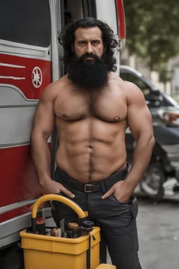 portrait figure photography of a 38 year old beefy burly turkish plumber, wearing his work unbuttoned uniform, bulge, leaning with his back to his van, arms folded and angry look, , hairy chest, big belly, very virile, long black beard, shaved hair, sweat, , in a sunny street, photorealistic