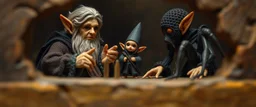 pin hole picture, miniatures on fake scene,master oil painting by Rembrandt, good afternoon bitch scary dark elf character aged matron malice talking to dark elf half spider priests of Menzoberranzan, close up portrait of a cunning knitted doll trying to explain something weird,
