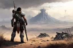 In the shadowed outskirts of a post-apocalyptic battlefield, an Amerindian warrior stood as the scout of a mighty Warhammer army. Alone, encased in a hypersolid exoskeleton that gleamed with futuristic power, he cradled a long sniper rifle with deadly precision. His eyes scanned the desolate horizon, ever vigilant for the approach of unseen enemies, ready to unleash swift justice with a single, well-aimed shot.