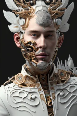 Complex 3d render ultra detailed of a handsome male porcelain profile face, biomechanical cyborg, analog, 150 mm lens, beautiful natural soft rim light, big leaves and stems, roots, fine foliage lace, colorful details, massai warrior, alexander mcqueen high fashion haute couture, pearl earring, art nouveau fashion embroidered, steampunk, intricate details, mesh wire, mandelbrot fractal, anatomical, facial muscles, cable wires, elegant, hyper realistic, ultra detailed, octane render