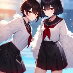 Clear focus, High resolution, fluffy black short hair, dark red eyes, wearing a black and red sailor uniform and pleated black skirt, fluffy hair, detailed outfit, wearing red eyelashes