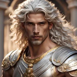 In the golden era of ancient Greece, we find ourselves captivated by a strikingly beautiful young male warrior. His flowing SILVER locks and piercing gaze demand our attention, while his resplendent lion-inspired armor, adorned in pure gold, adds an air of fantastical allure. An intricately designed, mythical sword and a shield of the same ethereal quality complete his awe-inspiring ensemble. Draped in a regal red cloak, the young warrior exudes a sense of power and majesty from every pore. This