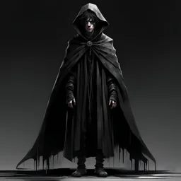 Full body nimated person with white skin, short and messy hair that is black with white streaks through it, wearing black cloak