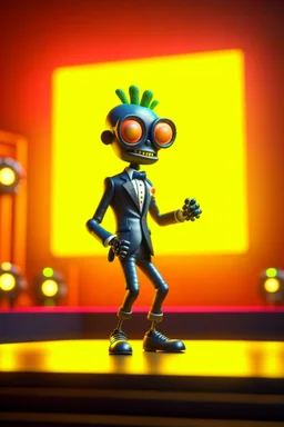 60s cute punk chat robot with suit and tie and rollerskates,on podium at festival, its such a perfect day, motion blur, smoke, 8k, downlight, soft light, depth of field, photorealism, trending on art station, some detail