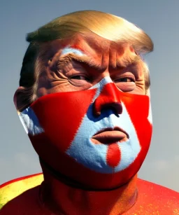 Realistic image of Donald trump wrestler, Mexican wrestling style, Mexican wrestling mask, chin and nose visibles, red and blue breeches, glow us flag dress, suspenders, retro style, 80s, vibrant color, highly detailed, sky background, concept art, unreal engine 5, god rays, ray tracing, RTX, lumen lighting, ultra detail, volumetric lighting, 3d, finely drawn, high definition, high resolution.