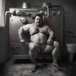 full figure shot photography, ugly turkish chubby plumber repairs boiler, burly, shirtless, hairy allover, manly chest, muscular big beefy 40 years old, dressed in boxer, big thighs, seen from below, frontal view, ambient occlusion, side light