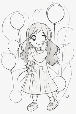 A round-faced little girl happily holding a bunch of colorful balloons. Circles can be used to depict the balloons, her eyes, and the sun in the background. very happy , Colloring page for todlliers ; basic hawali style cartoon , black and white , ink outlines , , smooth , anime style , minimalist , cute eyes , full body , white shose , sketchbook , realistic sketch , free lines , on paper , character sheet , clean line art high detailed