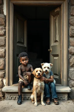 A black one years old boy and a white two years old boy ,both sitting apetting a small dog , sitting on the door steps of the an old paints cracked dirty abandoned house door , behind the open door there is an old woman-furniture , insanely detailed octane render trending on artstation, 8k artistic photography, photorealistic concept art, soft natural volumetric cinematic perfect light, chiaroscuro, award-winning photograph, masterpieces, oil on canvas, Raphael, Caravaggio, Greg Rutkowski, peopl
