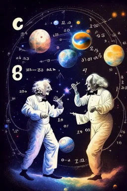 Albert Einstein and Richard Feynman playing with numbers & atoms in outerspace with planets, cosmic gas, stars, moons, and comets dancing around them